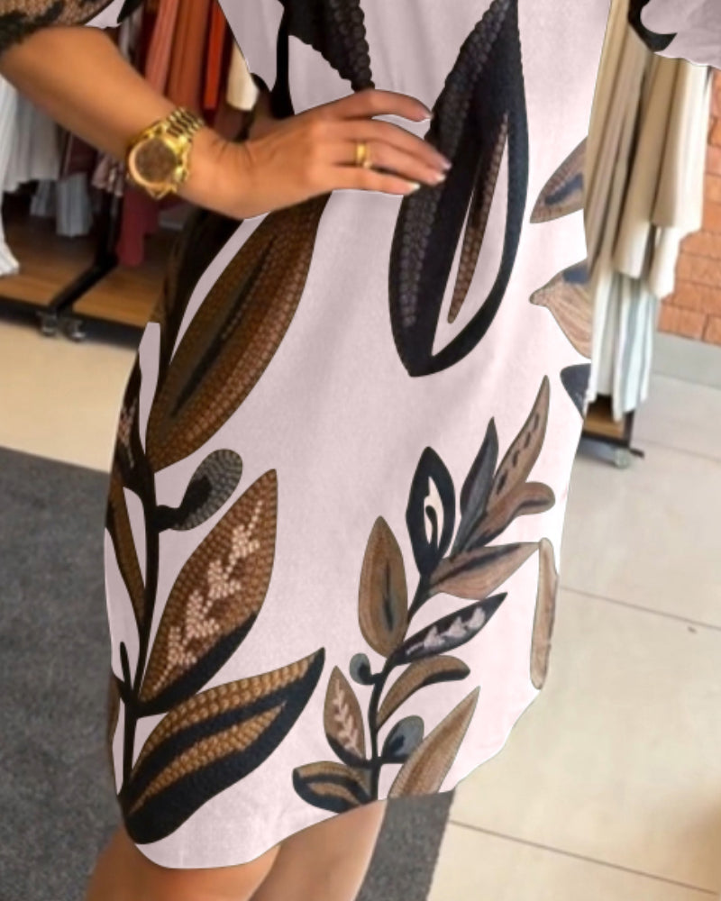 Plants Print Round Neck Half Sleeve Midi Dress