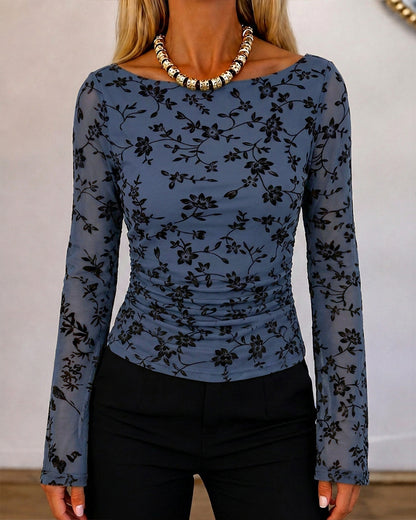 Women's Vintage Flocked Floral Mesh Top Boat Neck Ruched Flare Long Sleeve Tee