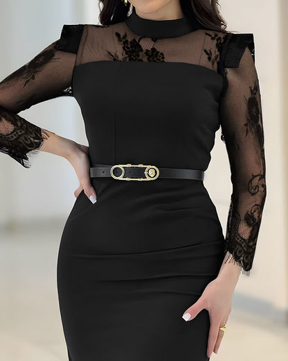 High Neck Long Sleeve Lace Pattern Mesh Patchwork Chic Zipper Mid-Calf Dress