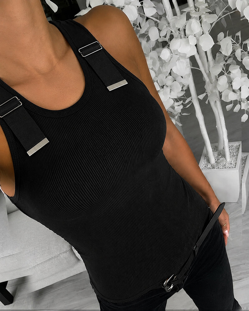 Women's Ribbed Knit Tank Top Adjustable Buckle Strap Side Ruched Knit Top Curved Hem Slim Fit Vest