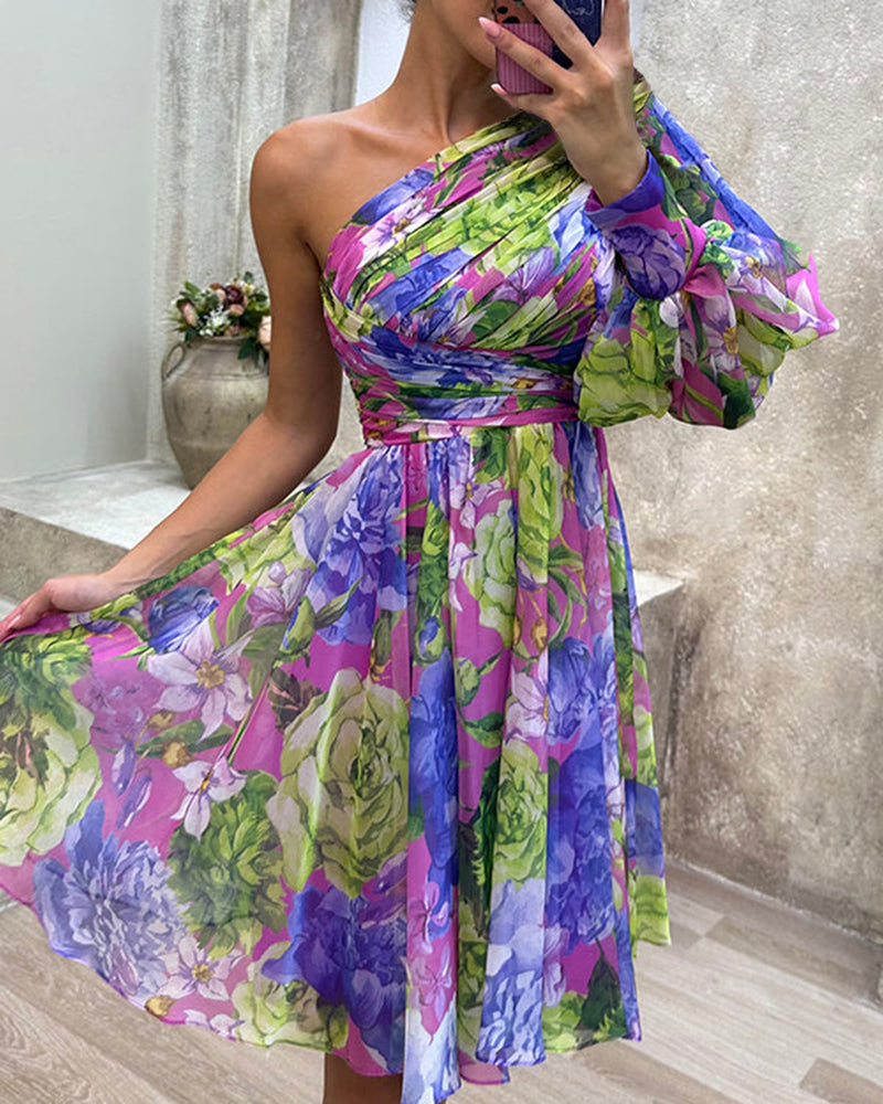 Floral Print Lantern Sleeve One Shoulder A Line Dress Casual Zipper Side Ruched Vacation Dress