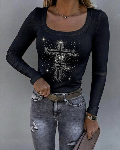 Women's Square Neck Long Sleeve Top Rhinestone Faith Letter Graphic Ribbed Knit Shirt Slim Fit Casual Sparkly Tee