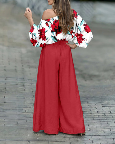 2 Pieces Outfit Floral Print Skew Neck Batwing Sleeve Stretchy Hem Top and Zipper Fly Elastic Back Waist Wide Leg Pants Set Casual Loose Fit Set