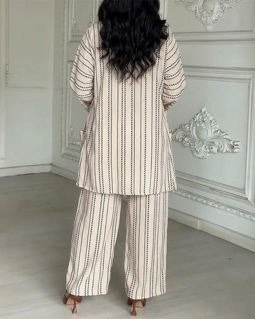 Women's Striped 2 Piece Outfits Open Front Cardigan and High Waisted Wide Leg Pants Set Casual Loungewear with Pockets