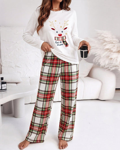 Women's Pajama Set Christmas Reindeer Print Crew Neck Long Sleeve Top and Plaid Wide Leg Pants