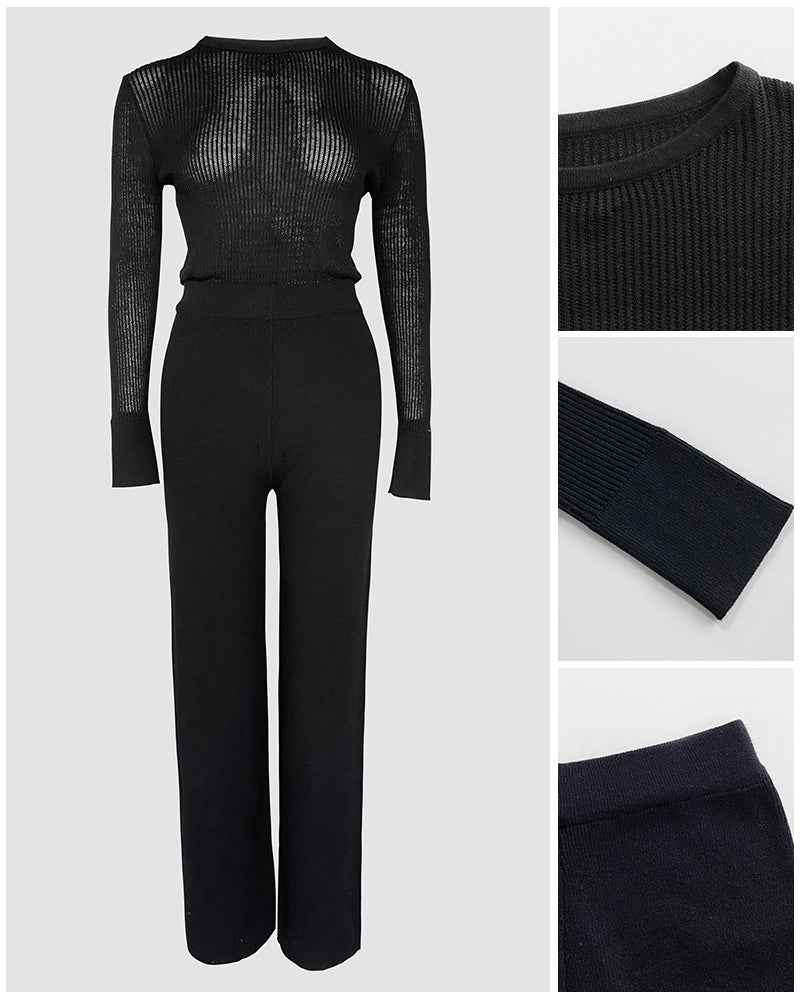 Round Neck Long Sleeve Vertical Pit Texture Top and Casual Wide Leg Pants Set