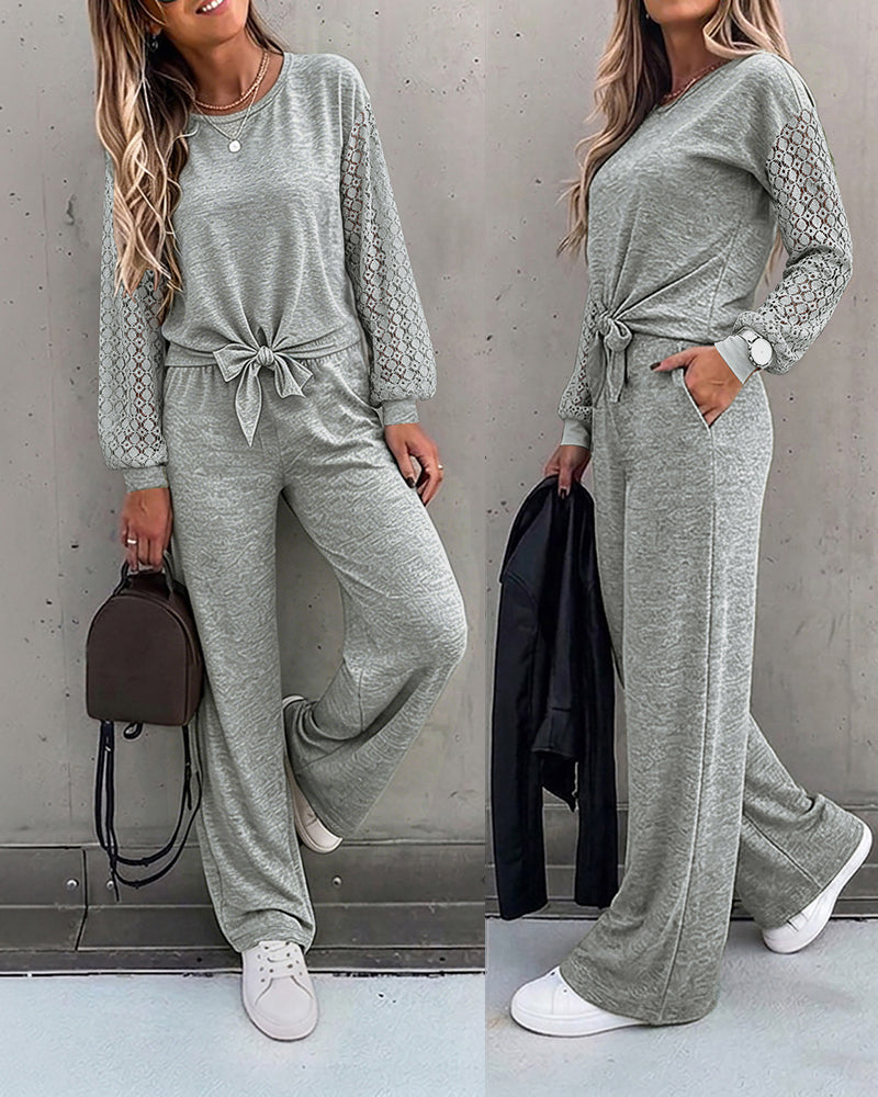 Women's 2 Piece Outfits Lace Patchwork Long Sleeve Top and Knot Front Straight Leg Pants Set Casual Matching Lounge Set