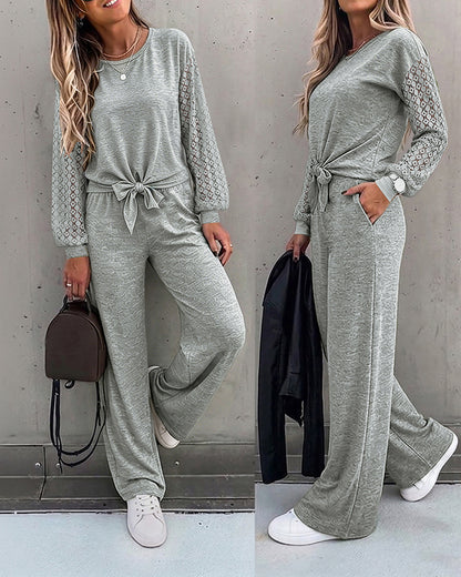 Women's 2 Piece Outfits Lace Patchwork Long Sleeve Top and Knot Front Straight Leg Pants Set Casual Matching Lounge Set