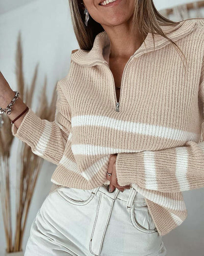 Women's Half Zip Striped Sweater Colorblock Turn-down Collar Knit Pullover Drop Shoulder Loose Fit Top