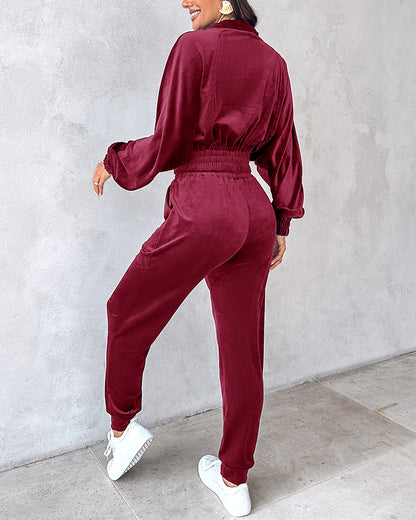 2 Piece Velvet Lounge Outfits Zip Up Crop Sweatshirt and Cuffed Sweatpants with Pockets