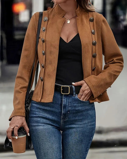 Faux Suede Stand Collar Jacket Open Front Button Decor Casual Coat