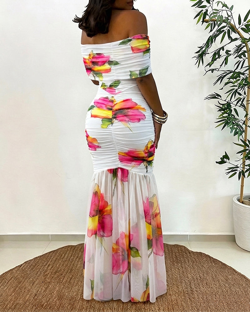 Women's Off Shoulder Floral Mesh Maxi Dress Ruched Bodycon Mermaid Dress Elegant Evening Gown with Detachable Clear Straps