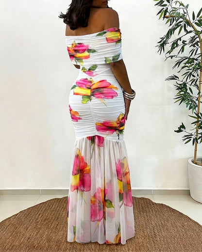 Women's Off Shoulder Floral Mesh Maxi Dress Ruched Bodycon Mermaid Dress Elegant Evening Gown with Detachable Clear Straps