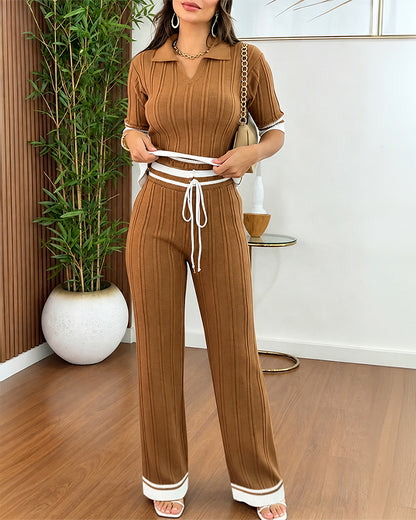 Women's Contrast Binding Two Piece Knit Set Short Sleeve Top and Drawstring Straight Leg Pants Casual Loungewear