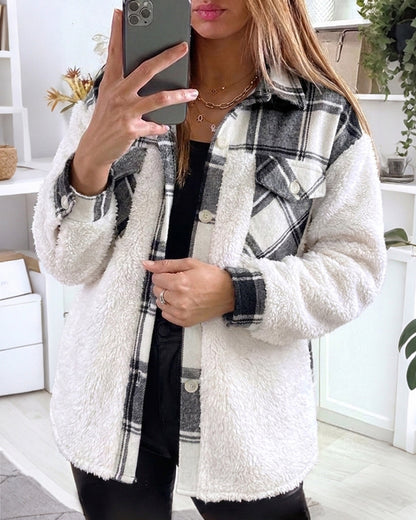 Veste polaire à carreaux pour femmes, veste décontractée à manches longues boutonnée en fausse peau de mouton