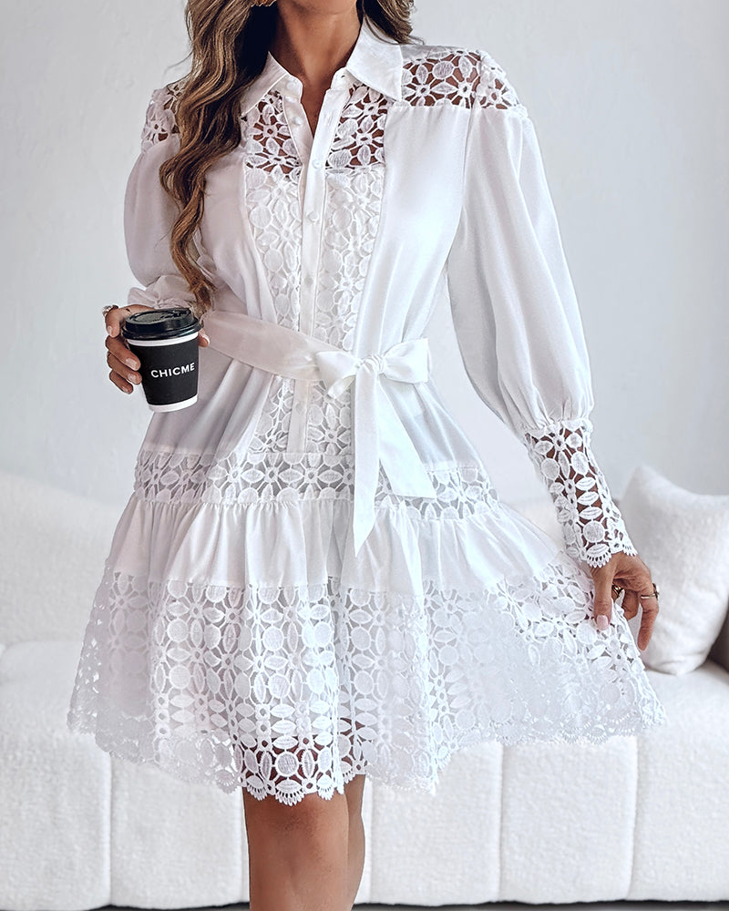 Contrast Lace Hollow Out Long Sleeve Blouse Dress Casual Tied Detail Mini Dress