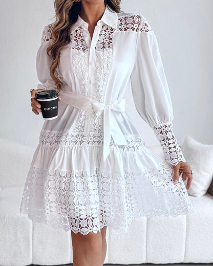 Contrast Lace Hollow Out Long Sleeve Blouse Dress Casual Tied Detail Mini Dress