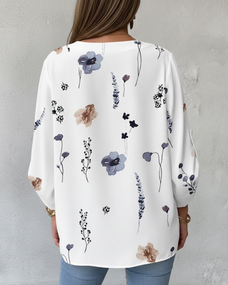 Watercolor Floral Print V-Neck Roll Up Sleeve Tie Front Blouse Casual Loose Fit Top