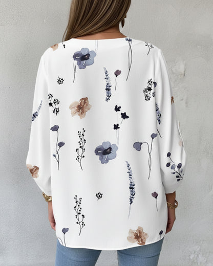 Watercolor Floral Print V-Neck Roll Up Sleeve Tie Front Blouse Casual Loose Fit Top