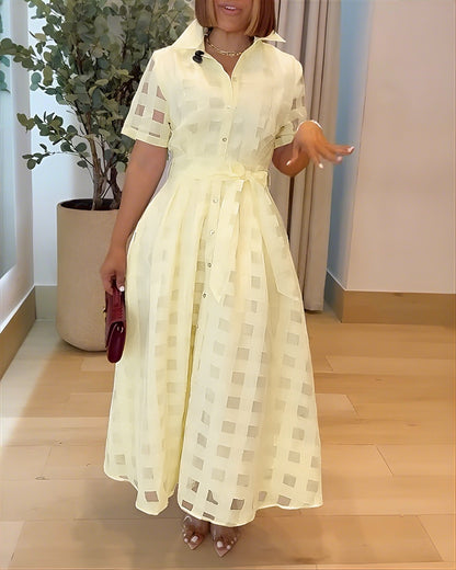 Turn Down Collar Plaid Mesh Double Layered Cinched Waist Maxi Dress Button Down Bow Tie Waist Commuting Dress