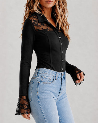 Women's Sheer Lace Patchwork Button Down Shirt Flare Sleeve Slim Fit Top