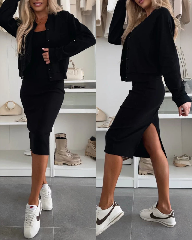 2 Pieces Outfit U-Neck Slit Back Slim Fit Knit Tank Dress and Pearl Button Front Baseball Coat Casual Ribbed Set