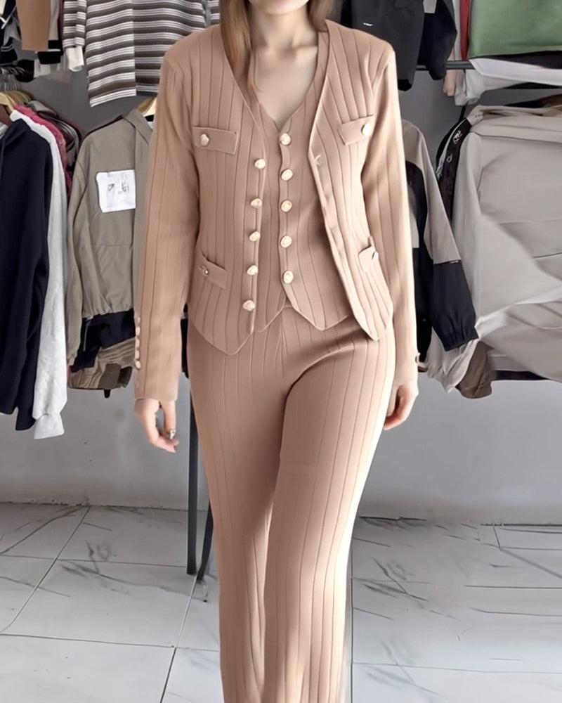 3 Pcs Outfits V Neck Long Sleeve Knit Coat with Metal Button Detail Tank Top Casual Long Pants Knit Sets