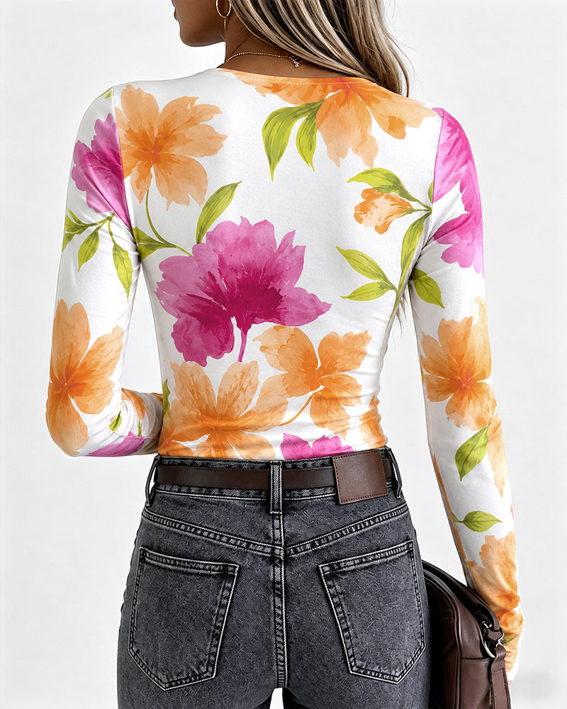 Women's Floral Print Long Sleeve Top Slim Fit Tee with Thumb Holes