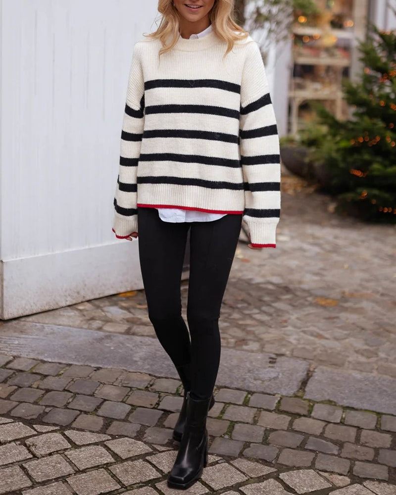 Women's Striped Crew Neck Loose Fit Chunky Knit Sweater Contrast Binding Top