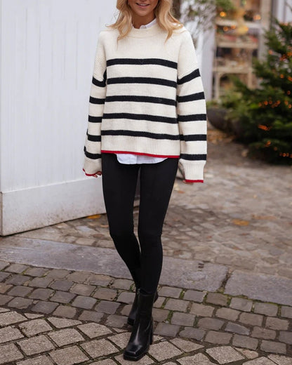 Women's Striped Crew Neck Loose Fit Chunky Knit Sweater Contrast Binding Top