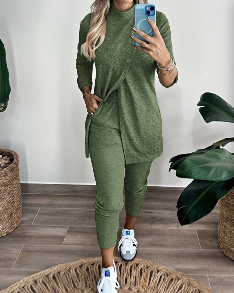 2 Pieces Outfit Mock Neck Long Sleeve Button Decor Slit Mid-Length Top and Stretchy Drawstring High Waist Slim Fit Pants Set