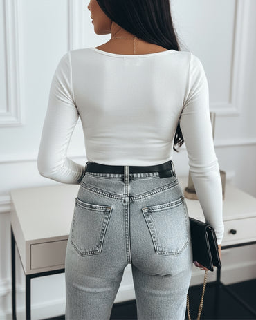 Metal Decor V-Neck Long Sleeve Sexy Hollow-out Slim Fit Top