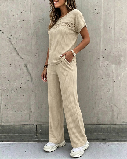 Women's 2 Piece Lounge Set Lace Patchwork Short Sleeve Top and High Waisted Straight Leg Pants Soft Rib-Knit Outfits with Pockets