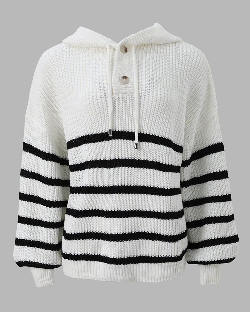 Women's Striped Henley Drawstring Hooded Sweater Loose Fit Lantern Sleeve Knit Pullover