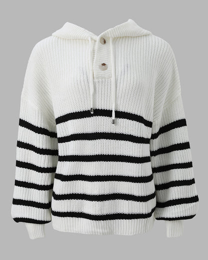 Women's Striped Henley Drawstring Hooded Sweater Loose Fit Lantern Sleeve Knit Pullover