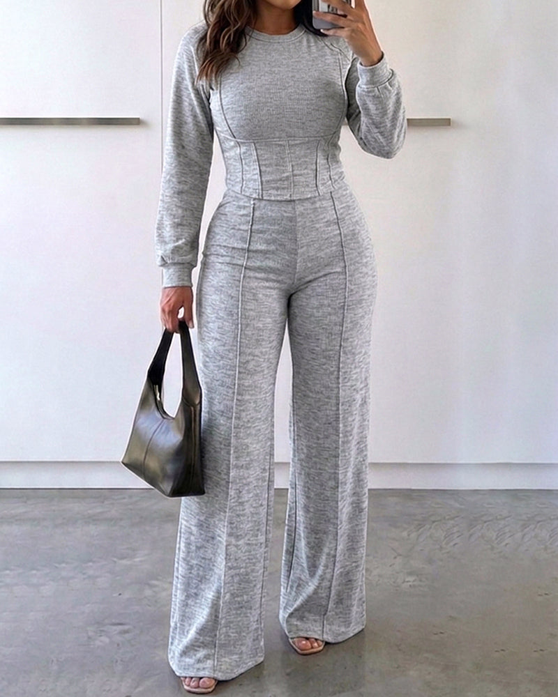 2 Pieces Outfit O-neck Long Sleeve Cinched Waist Sweatshirt and Elastic Waist Wide Leg Pants Set Casual Seam Design Sweatpants Set
