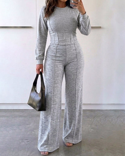 2 Pieces Outfit O-neck Long Sleeve Cinched Waist Sweatshirt and Elastic Waist Wide Leg Pants Set Casual Seam Design Sweatpants Set