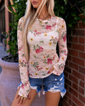 Top ajustado para mujer de encaje transparente con flores vintage, cuello redondo, manga larga y aberturas para los pulgares, sin top de tirantes
