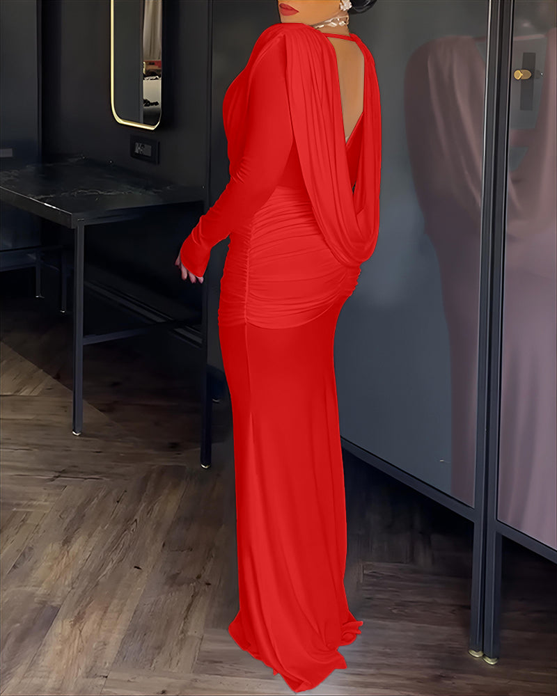 Cowl Neck Ruched Zipper Back Slim Fit Maxi Dress Casual Padded Shoulders Backless Evening Dress