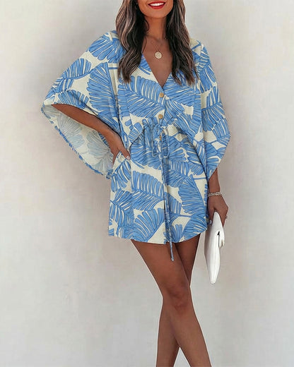 Tropical Plants Print V-Neck Bell Sleeve Button Front Mini Dress Casual Drawstring Waist Vacation Dress