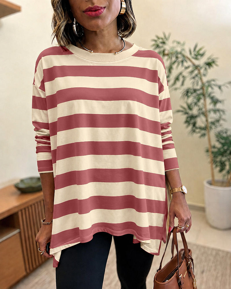 Women's Striped T Shirt Long Sleeve Drop Shoulder Crewneck Tee Side Slit Casual Loose Fit Top