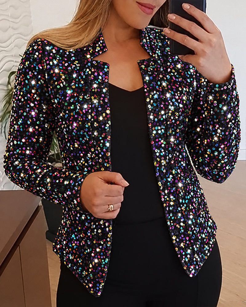 Damen-Blazerjacke mit allover bunten Pailletten, Stehkragen und offener Vorderseite