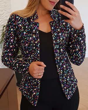 Veste blazer femme entièrement ornée de sequins multicolores, à col montant et ouverte devant