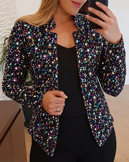 Damen-Blazerjacke mit allover bunten Pailletten, Stehkragen und offener Vorderseite