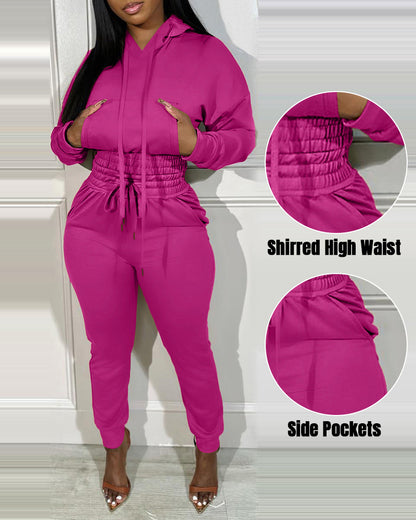 2 Pieces Outfit Drop Shoulder Kangaroo Pocket Stretchy Hem Crop Drawstring Hoodie Sweatshirt And Drawstring Elastic Waist Jogger Sweatpants Casual Tracksuit