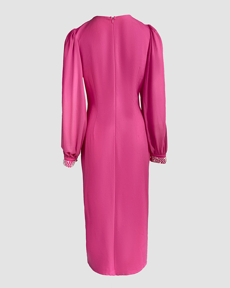 Pearls Decor Lantern Sleeve Slit Evening Dress Zipper Back Slim Fit Party Dress