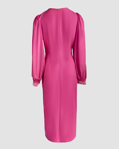 Pearls Decor Lantern Sleeve Slit Evening Dress Zipper Back Slim Fit Party Dress