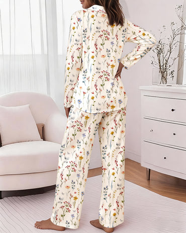 Women's Ditsy Floral Pajamas Set Long Sleeve Button Down Notched Collar Top and Straight Leg Pants Casual Sleepwear