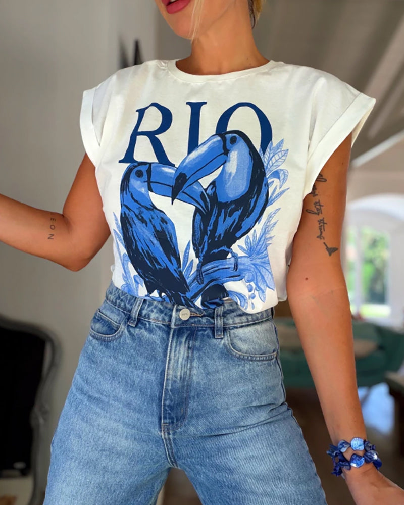 Birds & RIO Letter Print O-neck Short Sleeve Tee Casual Rolled Cuffs Top