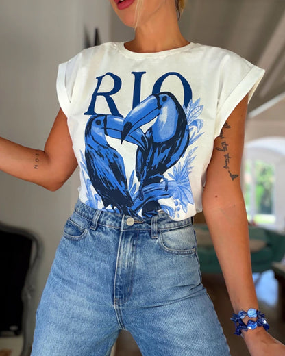 Birds & RIO Letter Print O-neck Short Sleeve Tee Casual Rolled Cuffs Top